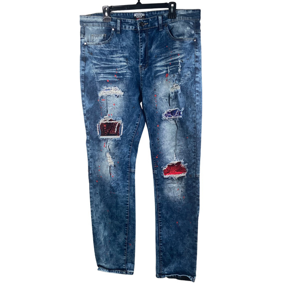 Rock Salt Jeans Mens 38 Distressed Patchwork Paint Splatter Ripped Denim Pants 3 - Picture 1 of 8